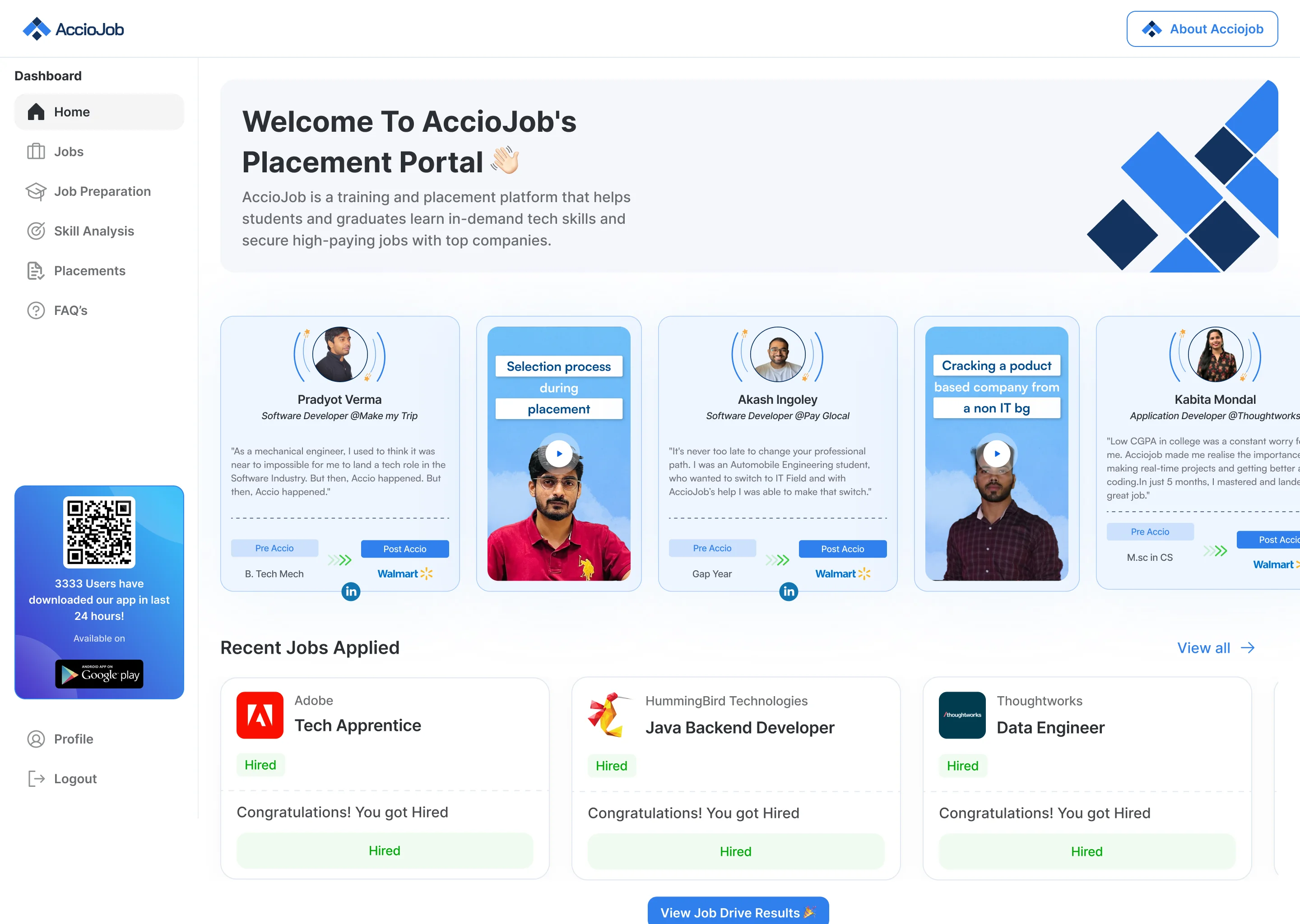 AccioJob placement portal dashboard showing active job drives, applications, and interview schedules